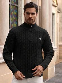 HIMLAND Men's Autumn/Winter Zipper Half-Open Chest Drawstring Fashionable Knitted Crew Neck Pullover Sweater, Casual Black Sweater Men Cable Knit Sweater Men Mens Sweaters Quarter Zip Sweater Men Polo Sweater