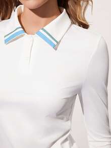 CourtClass Casual Versatile White Button Collar Contrast Blue Stripe Design Slim Fit Long Sleeve Sports Polo Shirt - White - View 7