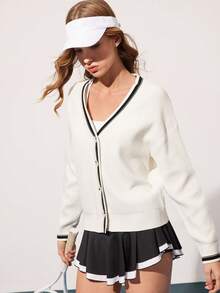 CourtClass Women's Contrast Color Cardigan, Fashionable Sporty Sweater - Beige - View 6