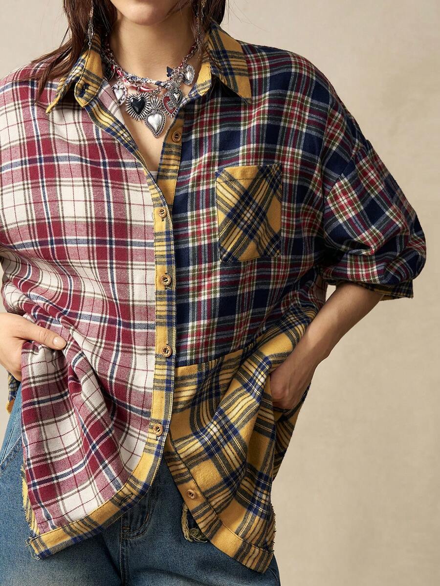 Bohemela 波西米亚风秋冬外套，女士复古休闲彩色格子拼接宽松衬衫，适合海滩度假、日常穿着、返校、外出、派对、圣诞节、新年等场合。 - 彩色 - 查看 1