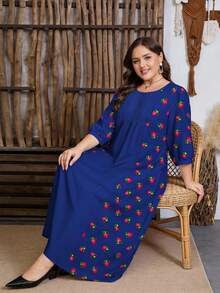 SHEIN Najma Vestido midi plus size feminino com estampa digital floral e botânica, cintura franzida, barra evasê, manga longa e gola redonda. - Multicolorido - Ver 4