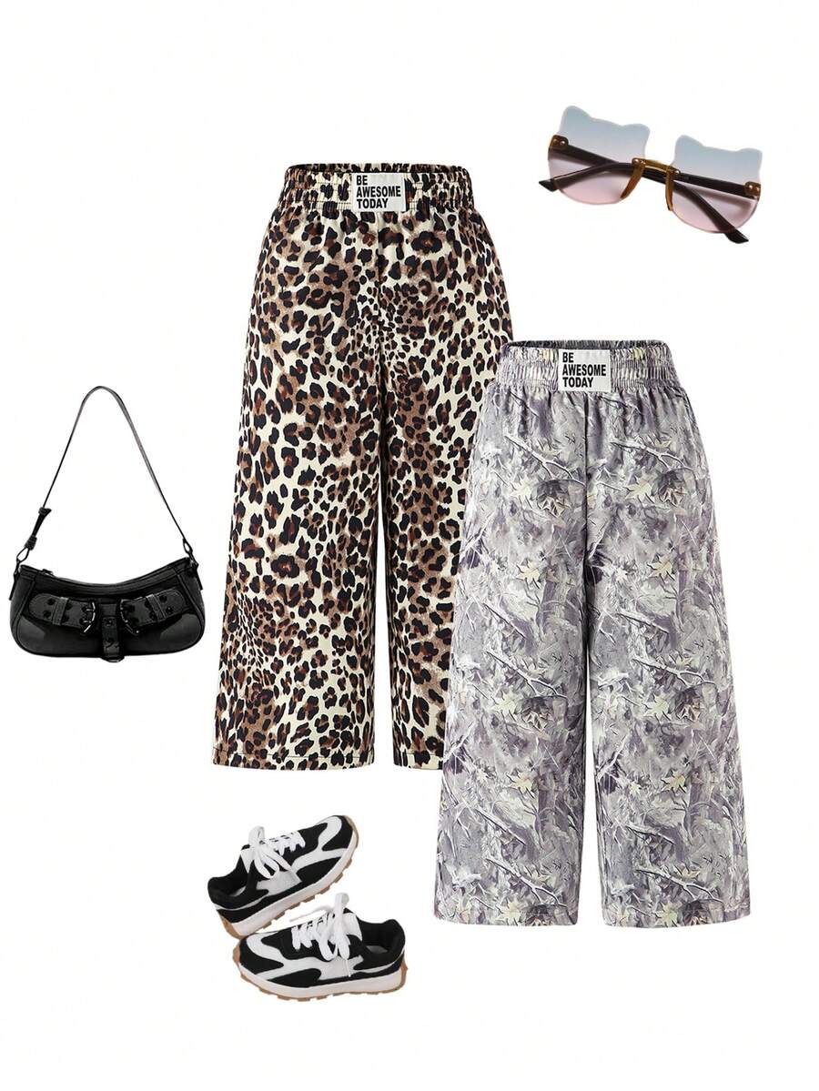 SHEIN 时尚高腰豹纹休闲裤，欧美风，百搭，春夏款 - 彩色 - 查看 1