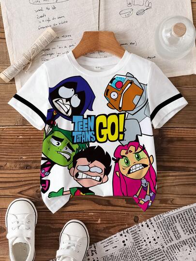 Teen Titans Go X SHEIN Young Boy Cute Cartoon Pattern Round Neck Short Sleeve T-Shirt, Summer