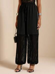 Vesra Pantalones de longitud hasta el tobillo de unicolor con encaje de contraste para mujer - Negro - Ver 4