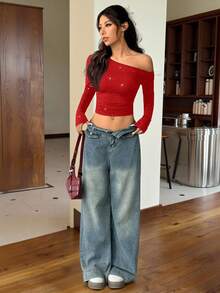 SHEIN EZwear 亮片针织女式新款音乐节不对称肩部短款褶皱长袖T恤 - 紅色 - 查看 6