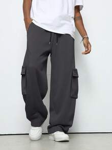 Manfinity Hypemode 男士休闲日常通勤时尚街头纯色抽绳腰带翻盖口袋运动裤 男士工装运动裤 男士宽松直筒休闲裤 男士超大码裤 灰色工装裤 男士工装裤 - 深灰色 - 查看 1