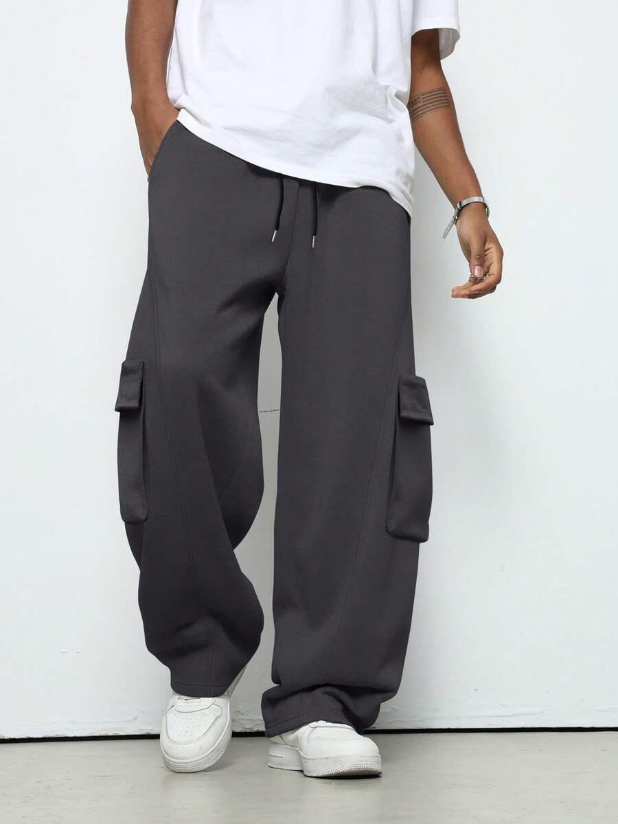 Manfinity Hypemode 男士休闲日常通勤时尚街头纯色抽绳腰带翻盖口袋运动裤 男士工装运动裤 男士宽松直筒休闲裤 男士超大码裤 灰色工装裤 男士工装裤 - 深灰色 - 查看 1