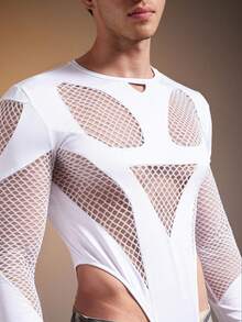 FeverCity Men's Sexy Mesh Patchwork Hollow Out Long Sleeve Jumpsuit