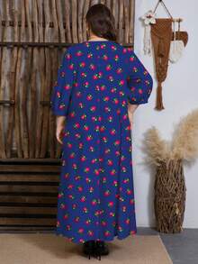 SHEIN Najma Vestido midi plus size feminino com estampa digital floral e botânica, cintura franzida, barra evasê, manga longa e gola redonda. - Multicolorido - Ver 2