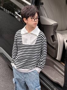 SHEIN Little Byeori 两件套男童黑白条纹半拉链卫衣，保暖舒适，适合户外、上学、日常穿着，秋冬季节适用。 - 黑與白 - 查看 10