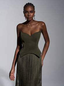 Elitara 优雅奢华性感针织亮片露肩猫领腰部流苏装饰修身连衣裙，适合晚宴、展览、商务活动等正式场合，女士晚礼服 - 軍綠色 - 查看 4