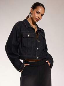 Normani Premium Denim Contrast Stitch Denim Jacket - Navy Blue - View 4