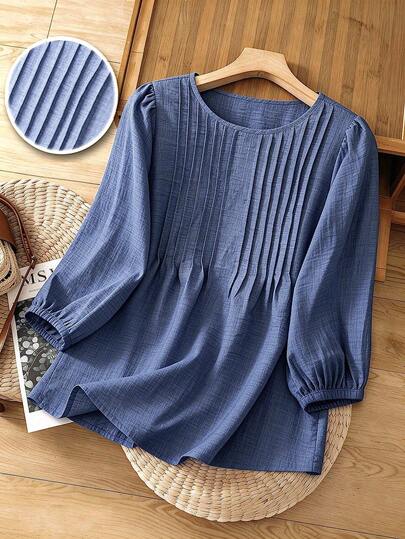 EMERY ROSE Plus Size Women's Elegant Light Blue Faux Denim Textured Soft Fabric Ruched Striped Shirt, Slimming & Flattering Design, Long Sleeve Vintage Casual Blouse, Suitable For Back To School, Graduation, Valentine's Day, Music Festival, Mother's Day, Halloween, Thanksgiving, Easter, National Day, Gala, Date, Party, Wedding, Outdoor Activities Pleated Top Puff Sleeve Blouse Lantern Sleeve Blouse Blue Long Sleeve Top Blue Blouse For Women