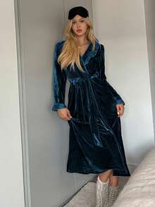 DAZY Women's Long Velvet Lace Trim Robe, Autumn/Winter - Dark Green - View 4