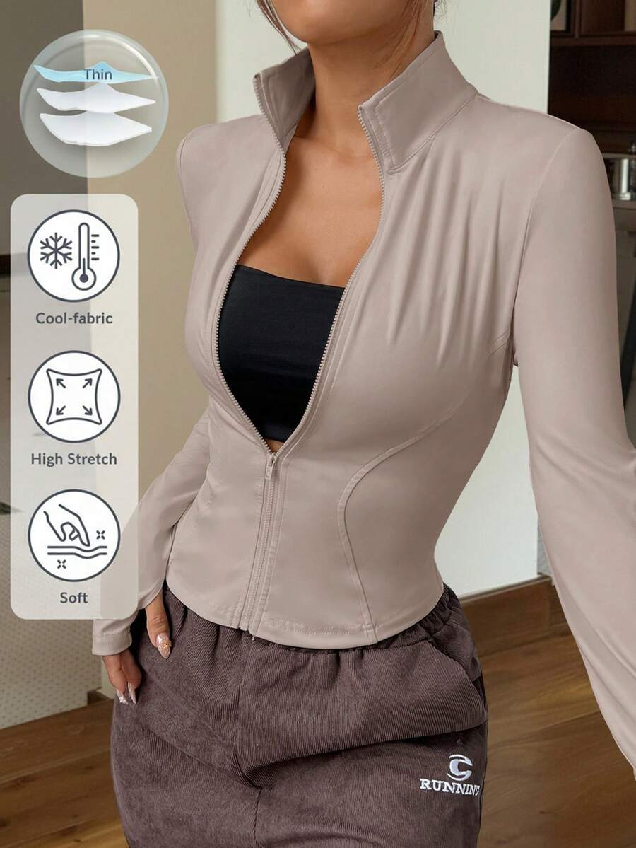 SHEIN EZwear 杏色针织修身女士长袖防晒外套,秋冬季高弹力运动长袖上衣,柔软长袖上衣,女士拉链外套,凉爽面料跑步上衣,弹力外套,运动上衣,女士全拉链外套,轻便外套 - 卡其色 - 查看 1