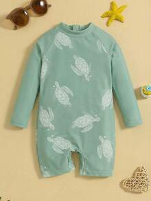 SHEIN 婴儿男女童休闲度假植物图案长袖连体泳衣 - 綠色 - 查看 3