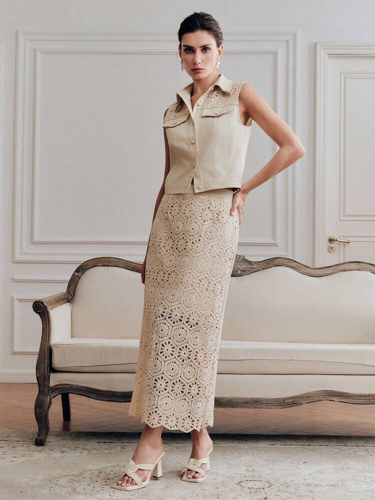 Women's 2-Piece Set, French Hollow-Out Lace Splicing Sleeveless Top With Collar And Pocket Design, Elegant, Fashionable, Casual, Versatile, Sophisticated Apricot 2-Piece Set, Spring/Summer