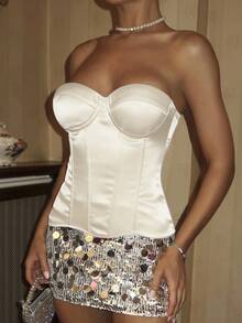 Glamine Charm 性感女士无肩带抹胸露脐上衣，带钢圈，紧身款，天蓝色，派对装 - 杏色 - 查看 3