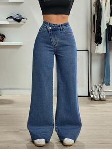 SHEIN Tall Tall Women's Casual Versatile High-Waisted Straight Leg Jeans - Dark Wash - View 1