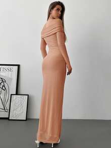 Aloruh Off-Shoulder Mesh Twist Ruched Dress, Romantic Date Night Gown With Long Sleeves - Dusty Pink - View 2