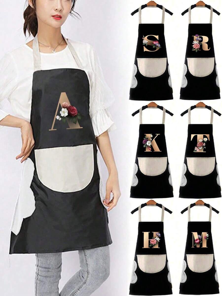 1pc Household Apron Waterproof Oilproof Can Wipe Hands Kitchen Work Clothes Fashion Initial Letter Print Men And Women Home Cooking Cleaning Apron Unisex Sleeveless Apron - Black - View 1