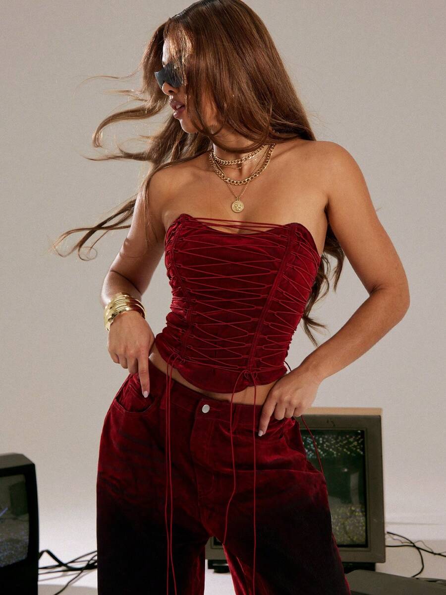 Denimoi Áo corset buộc dây bằng vải nhung denim đã giặt - Đỏ - Xem 1