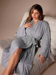 Lazeform Soft & Skin-Friendly Casual Long Robe - Light Grey - View 3