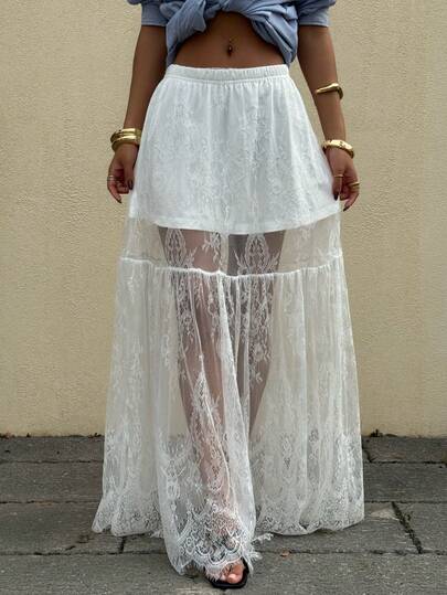 Muchica Women's White Lace Midi Skirt For Autumn And Winter, Fashionable And Sexy Sheer Lace Maxi Skirt, Versatile For Autumn Casual Business Attire, And Also Suitable For Summer Concerts, Rave Parties, Music Festivals, Outings, And Renaissance Markets. Also Suitable For Vacations, Western Styles, And Y2K Textured Fabric Long White Slit Bohemian Style Maxi Skirt.