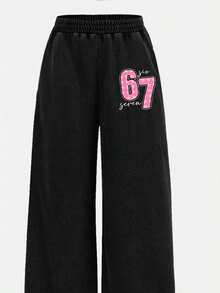 Tween女孩黑色與粉色運動球衣，數字67圖案，Six Seven，休閒極簡修身短袖上衣T恤與寬鬆寬腿長褲2件套，時尚女孩休閒穿搭，圖案服飾，春夏款，舒適易穿，套裝，POV - 黑色 - 查看 5