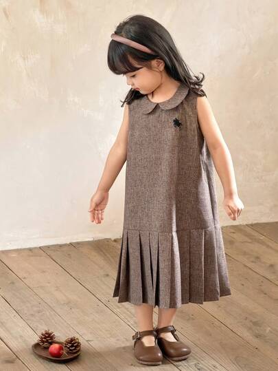 女童休闲舒适褶裥下摆纯色梭织连衣裙