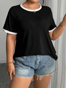 EMERY ROSE Damen Große Größen Lässig Alltags Pendler Kontrast Einfassung Kurzarm T-Shirt, Sommer - Verschiedenfarbig - Übersicht 5