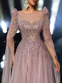 Glamrae Elegant, Luxurious, Beaded & Sequin Sleeve Flare Dress, Suitable For Weddings, Parties, Vacations, Galas, Formal Events - Baby Pink - View 4