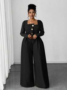Maweii Plus Size Sexy Long Sleeve Metal Button Wide Leg Jumpsuit - Black - View 7