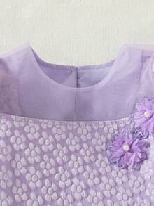 1pc Chiffon Floral Decor Elastic Waist Casual Elegant Princess Party Dress, Summer Lilac Young Girls Lavender For Puffy Sleeve Purple - Pink - View 5