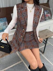 SHEIN Frenchy 女士时尚格子双排扣背心和裙子两件套 - 棕色 - 查看 3