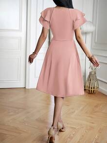 EMERY ROSE Solid Surplice Neck Butterfly Sleeve A-Line Dress Burgundy Color Women Outfit - Pink - View 2