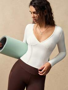 VARSIVA 女士休闲纯色V领修身露背运动T恤