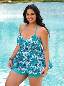 Swim Lushoire Bộ đồ bơi tankini cổ yếm dây dày, phối họa tiết cây nhiệt đới dành cho nữ cỡ lớn năm 2026. - Màu xanh nhạt - Xem 4