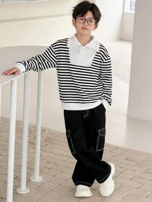 SHEIN Little Byeori 两件套男童黑白条纹半拉链卫衣，保暖舒适，适合户外、上学、日常穿着，秋冬季节适用。 - 黑與白 - 查看 9