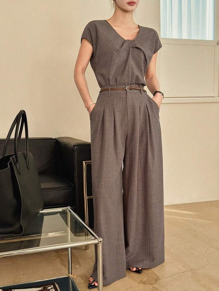 Women's Summer Casual/Office Solid Color Shirt And Pants 2 Pieces Set