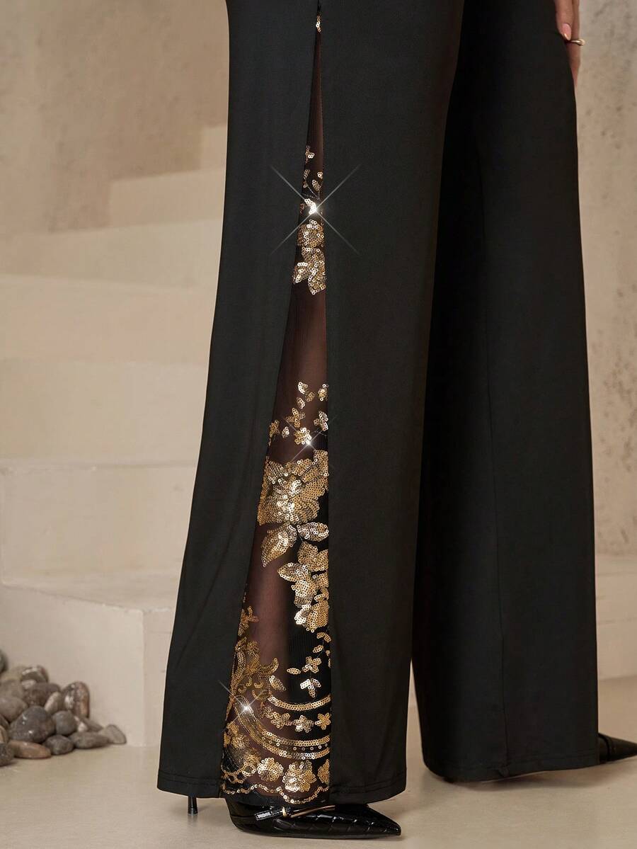 Chikora Plus Size Women Elegant Party Sequin Mesh Patchwork Wide Leg Loose Pants - Gold - View 1