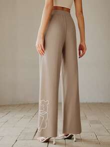 Anewsta 优雅时尚休闲外出/派对针织弹力抽绳刺绣3D花卉卡其色女式运动裤，春夏、新年、情人节穿搭 - 卡其色 - 查看 7