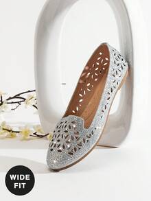 SHUZIA Women's Round Toe Laser-Cut Rhinestone Glitter Silver Slip-On Loafer Flat–Lightweight, Breezy & Eye-Catching