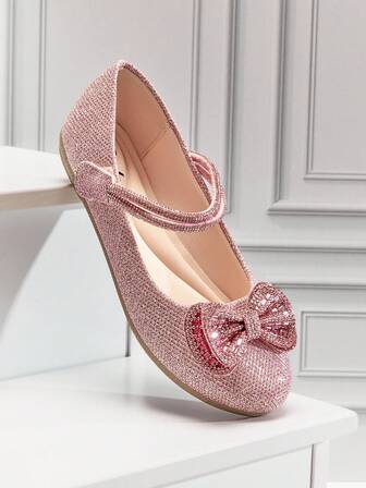 Mini mi Girls' Round Toe Rhinestone Bow Decor Glitter Pink Mary Jane Flat–Sparkly, Dressy & Comfortable