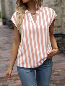 EMERY ROSE Women's Casual Everyday Commute Vacation Striped Print Notch Collar Cap Sleeve Loose Blouse, Summer - Pink - View 6