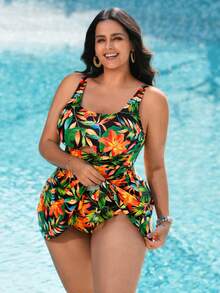 Swim Lushoire 大码女式连体随机印花镂空褶皱长裙，海滩度假 - 彩色 - 查看 4