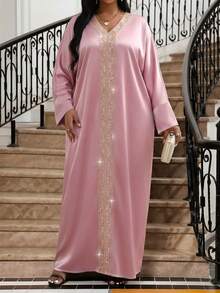 SHEIN Lady 大码V领长袖复古优雅宽松长裙 - 粉色 - 查看 6