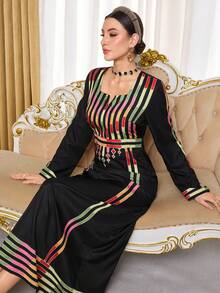 Al Najma Gaun Wanita Lengan Panjang Motif Kontras Gaya Arab - Hitam - View 6