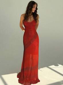 Aloruh New Vacation Style Rainbow Ombre Mesh Print Romantic Backless Maxi Boho Dress - Red - View 5