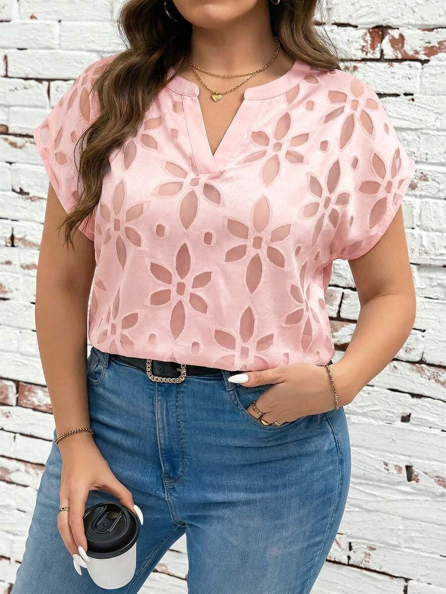 SHEIN Clasi 大码V领透视纯色优雅短袖衬衫 - 淺粉色 - 查看 1